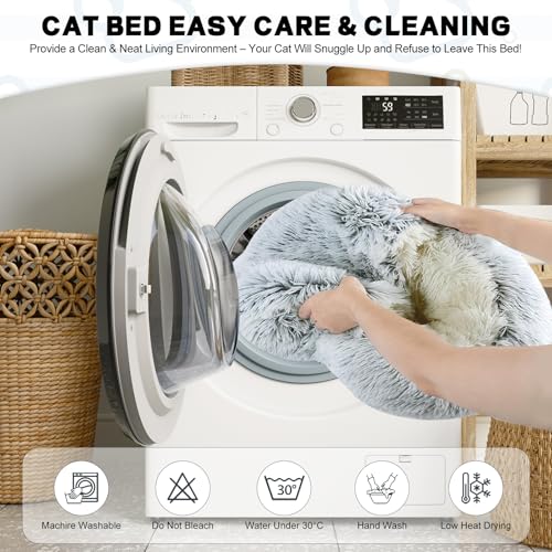 YUDANSI Calming Cat Beds for Indoor Cats - Plush Fluffy Hooded Cave Nest, Anti-Slip Self-Warming Pet Beds, Washable Built-in No-Collapsing Support (Grey-50cm/20in) - color: Non-removable-50cm