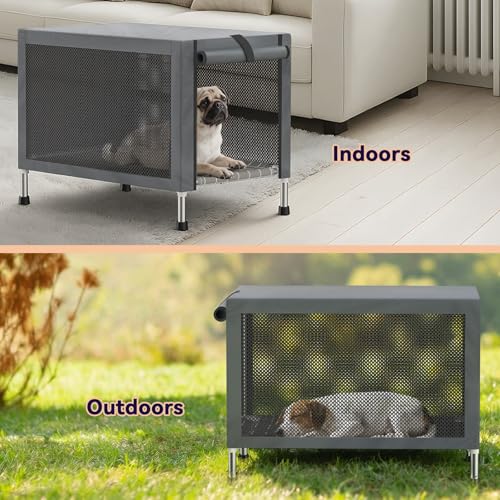 Medium Stainless Steel Elevated Dog Crate with Removable Cover, 2-in-1 Indoor & Outdoor Raised Pet House, Rust-Proof Dog Kennel with Silicone Anti-Slip Feet, Tool-Free Assembly - size: 32.0"L x 20.0"W x 24.0"H