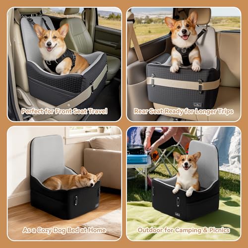 PETSFIT Dog Car Seat for Small/Medium Dogs Up to 35 lbs โ Patented Safety System, 5" Memory Foam Pet Booster Car Seat, Fully Detachable and Washable Dog Carseat with 2 Storage Pockets (Black & Grey) - color: Black/Grey