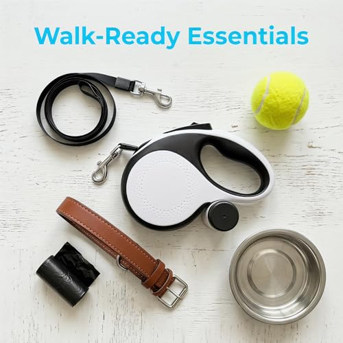 Retractable Dog Leash 16ft for Medium Dogs up to 66lbs — Durable Nylon Tape Leash with 360° Tangle-Free, One-Handed Brake & Lock, with Poop Bag Dispenser, Anti-Slip ABS Handle (White)