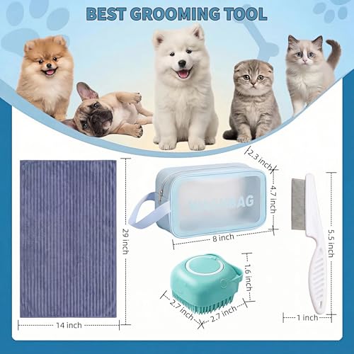 4PCS Dog Bath Kit & Dog Brush Kit for Dogs & Cats - Professional Pet Grooming Tools Set with Shedding Brush, Bath Scrubber, Dematting Comb & Storage Bag - Complete Dog Washing Essentials, Blue - color: 4PCS-Blue