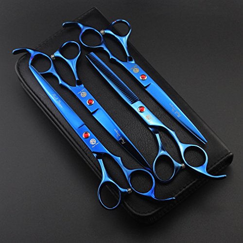 Purple Dragon Professional 7.0 inch 4PCS Pet Grooming Scissors Kit Japan Premium Steel Straight & Curved & Thinning Blade Dog Hair Cutting Shears Set with Case - color: Blue