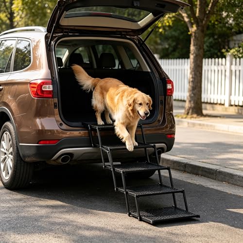 Dog Ramps for Cars, Portable Folding Dog Stairs for Cars, SUV, Trucks, Reinforced Pet Steps Supports Up to 200 lb, 5 Steps