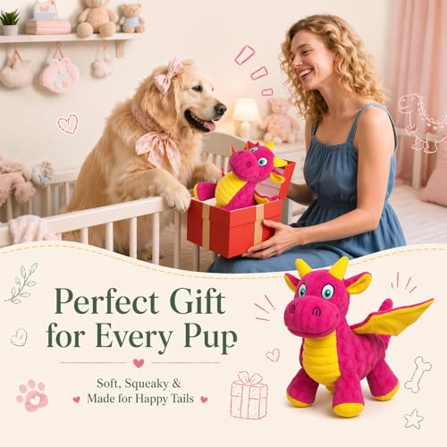 Squeaky Dog Toys - Cute Plush Dragon Dog Toy with 5 Squeakers & Crinkle Paper, Pink Dog Toy Gift for Small, Medium and Large Dogs (Pink,10") - color: Pink