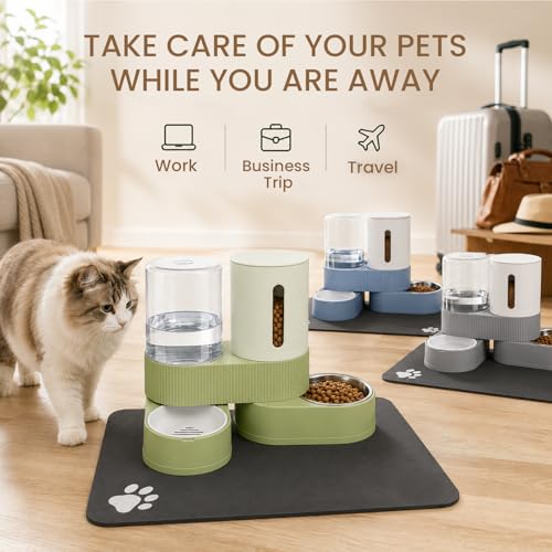 Gravity Cat Feeder 2 Pack Automatic Food Feeder and Water Dispenser Set Detachable Pet Bowl with Silicone Mat for Cats Small Medium Dogs, Large Capacity(Green) - color: Green-With mat