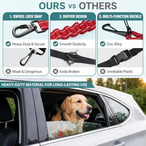 Dog Car Seat Belt 3-in-1, Escape Proof Dog Seatbelt for Car, Adjustable Pet Seat Belt with Shock Absorbing Bungee, Heavy Duty Dog Safety Belt for Small Medium Large Dogs, Red - color: Red