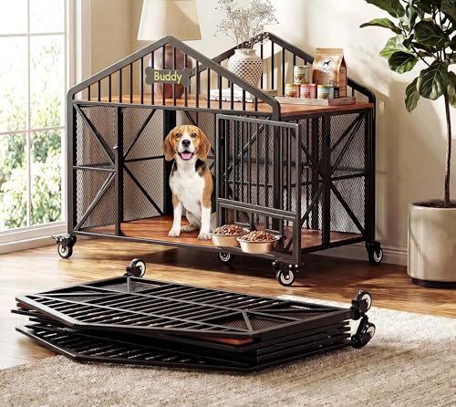 IRONCK 41.5" Foldable Dog Crate Furniture, No Assembly Required Dog Kennel Indoor with 5 Wheels, Wooden Dog Cage with 2 Rotatable Dog Bowls & Name Tag for Small/Medium Dogs, Rustic Brown