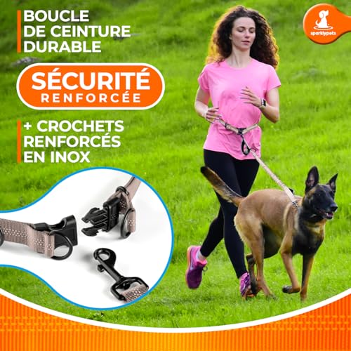 SparklyPets - Hands Free Dog Leash with Reflective Stitches - Waist Leash for Medium & Large Dogs Walking, Hiking, Training, Jogging, Canicross, Running - color: Brown, size: 1 dog M/L
