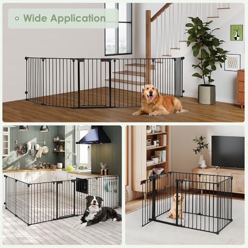 SMONTER Freestanding Dog Gate with Door Walk Through, 152" Extra Wide Foldable Dog Fence, 6 Panels 29" Tall Metal Pet Gate for Stairs, Hallways - size: 6 Panels 152" W x 29" H