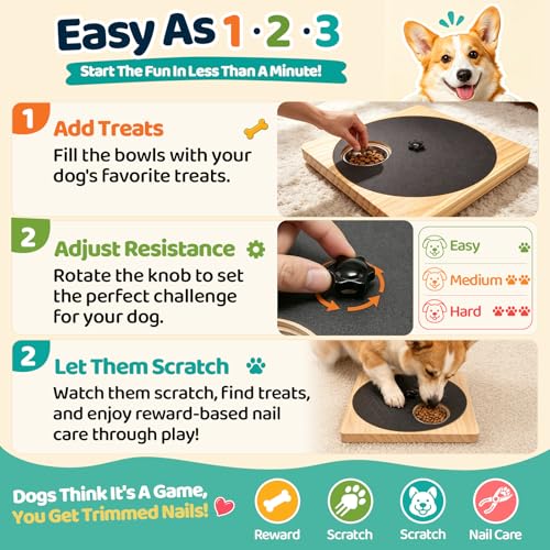 Dog Nail Scratch Board with Treat Box, 3-in-1 Wooden Pet Scratch Board for Nails, Adjustable Resistance Dog Nail File Toy for Stress-Free Grooming, Slow Feeder Puzzle Toy for Dogs
