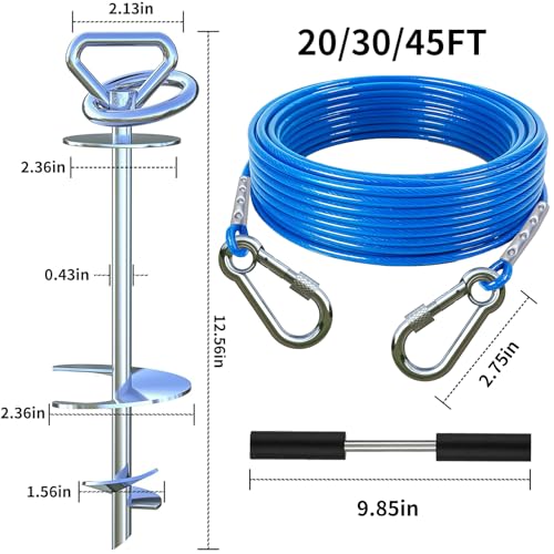Dog tie Out Cable and Stake,with 30ft Cable,360° Swivel Dog Runner for Yard,Dog Run Anchors for Large Dogs up to 150 lbs-Ideal for Outdoor Camping - size: dog stake+30ft cable