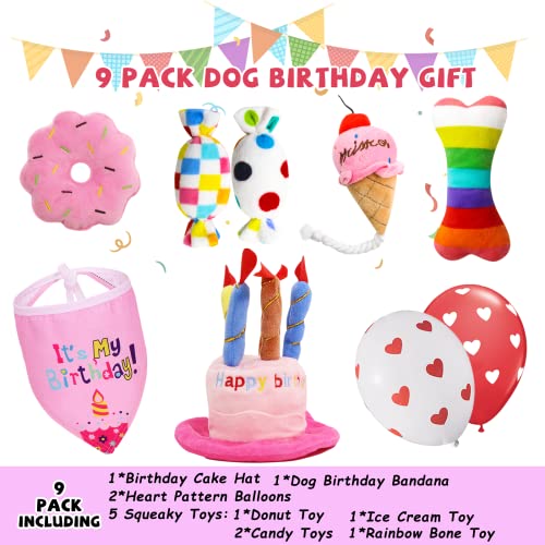 lilfrd Dog Birthday Toys Girl, Squeaky Plush Birthday Cake Hat Bandana, Birthday Gifts for Small & Medium Dog, 9 Pack Pink - style: Pink Birthday Pack
