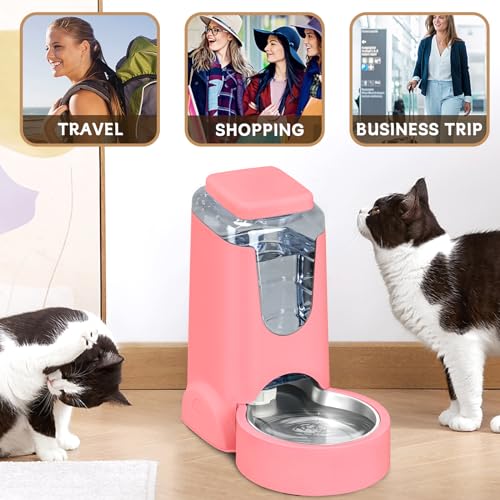 Automatic Cat Feeder and Water Dispenser with Stainless Steel Bowl Dog Gravity Food Feeder and Waterer for Small Medium Pets Puppy Kitten 1 Gallon x 2 - color: Pink(3.8L*2)