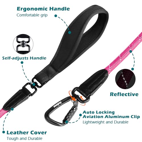 PetBonus Rope Dog Leash, 5 FT Heavy Duty Pet Nylon Leash with Auto Locking Aviation Aluminum Carabiner, Comfortable Padded Handle, Reflective Walking Training Lead for Medium Large Breeds (Pink) - color: Pink