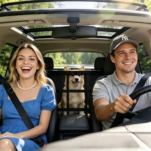 Loscarol Dog Car Barrier, Rear-Seat Divider Net with 3 Zipper Storage Bag, Drill-Free Install Abrasion-Resistant Mesh to Block Front Seats, Vehicle Safety Partition for SUV & Truck