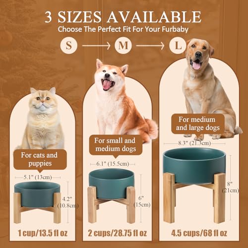 Ceramic Elevated Raised Cat Bowl with Wood Stand No Spill Pet Food Water Feeder Cats Small Dogs - color: Yellow, size: Medium