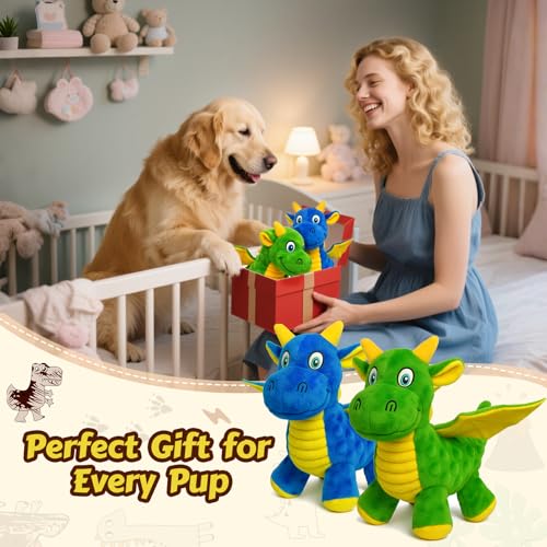 Squeaky Dog Toys - 2 Pack Soft Plush Dragon Dog Toys with 5 Squeakers in Head & Feet, Crinkle Wings, Cute Dog Toys for Small Medium and Gentle Large Dogs (Green & Blue,10") - color: Green & Blue