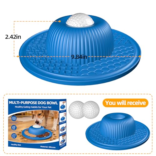 2-in-1 Dog Slow Feeder Bowl & Lick Mat with 2 Rotatable Balls, No-Slip Silicone Anxiety Relief Treat Mat for Dogs & Cats, Dishwasher Safe (Blue)