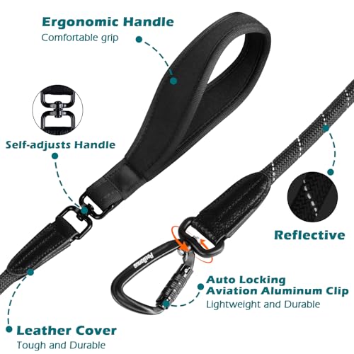 PetBonus Rope Dog Leash, 5 FT Heavy Duty Pet Nylon Leash with Auto Locking Aviation Aluminum Carabiner, Comfortable Padded Handle, Reflective Walking Training Lead for Medium Large Breeds (Black) - color: Black