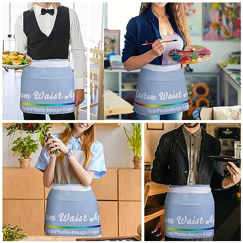 sophiehome Custom Waist Apron with Pockets Add Photo Logo Name Personalized Waiter Server Short Aprons for Kitchen - color: Light Blue