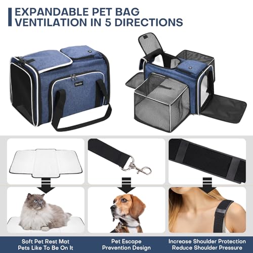 Pet Carrier, Large Soft Sided Expandable Travel Carrier with Steel Frame, Anti-Scratch Mesh, Removable Fleece Pad and Pockets for Cats, Dogs and Small Animals up to 15 lbs (Blue, 4 Sides Expandable) - color: Blue
