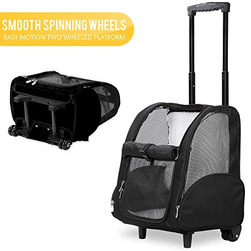 KOPEKS Deluxe Backpack Pet Travel Carrier with Double Wheels for Pets up to 18 Pounds - Black - color: Black, size: 17.5"L x 13.0"W x 20.0"H