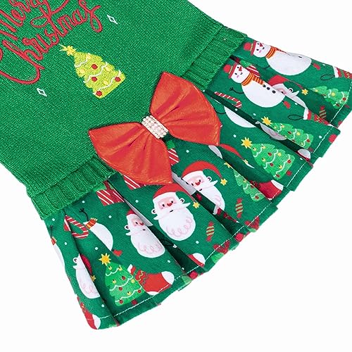 CuteBone Christmas Green Dog Sweater Dress Turtleneck Puppy Sweater with Bowtie Leash Hole Pullover Winter Dress for Small Dogs - color: Merry Christmas 2, size: X-Small