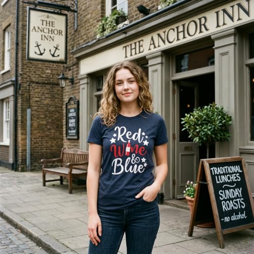 Womens Patriotic T Shirts Funny Fourth of July Tees for Women on Independence Day - color: Heather Navy - Red Wine Blue, size: Small