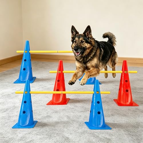 TNZMART Dog Agility Jumps Hurdles and Weave Poles Training Equipment Set Adjustable Dog Cones Obstacle Course for Backyard Portable Canine Exercise Kit with Carry Bag (Mix 4, 19 in) - size: 19 in
