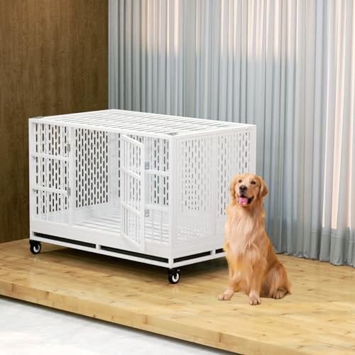 Snuowu 48 Inch Heavy Duty Dog Crate with Wheels, Folding Metal Big Dog Cage for Large and Medium Dogs, Extra Large XL XXL Indestructible Dog Crate with Removable Tray. - size: 48-Inch White (Fold)