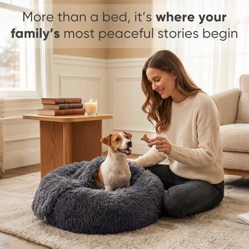 Himax Medium Dog Bed, Round Dogs Beds with Blanket Attached, Comfort Fluffy Calming Dog Bed Washable (20"/26"/35") Deep Grey - color: Grey, size: 26.0"L x 26.0"W x 9.0"Th
