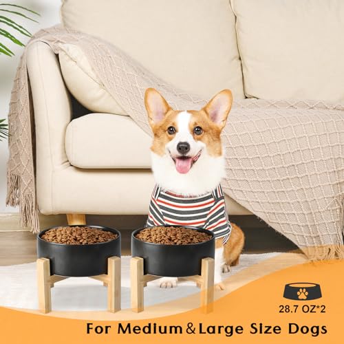 SPUNKYJUNKY Ceramic Elevated Dog Bowls 2 Pack - 6.1inch Raised Dog Bowls with Non-Slip Wooden Stand for Medium Dogs Dishwasher Safe(Black,28.7OZ*2) - color: Black, size: Medium - 3.6 CUPS*2