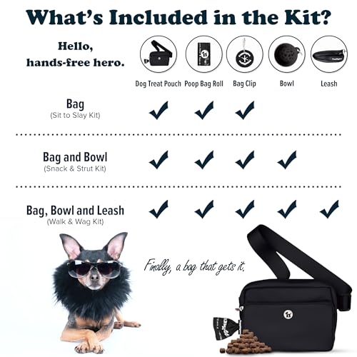 Puppington 3-in-1 Crossbody Dog Treat Pouch for Pet Training - Compostable Poop Bags, Built-In Poop Bag Dispenser, Slow-Feeding Travel Dog Bowl & Reflective Leash - Dog Walking Bag (Onyx Black) - color: Onyx Black