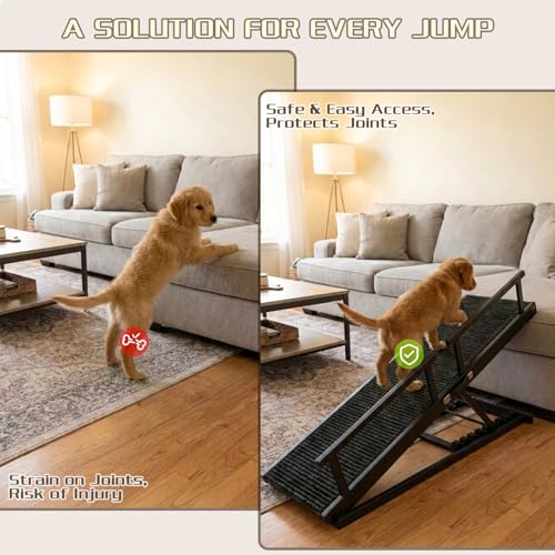 Dog Ramp for Bed - 7-Level Adjustable (13"-37") Birchwood, 60" Foldable Soft Carpet Ramp with Removable Washable Cover & Rails, for High Bed/Couch, DIY Glow Strips, Supports 200 Lbs - color: Black - Carpet Style
