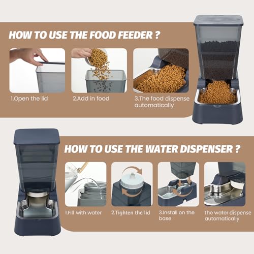 Automatic 5.4L/1.4Gal Pet Waterer, Automatic Dog Water Dispenser Gravity Stainless Steel Water Feeder, Large Capacity Feeding Bowls for Cats and Medium & Large-Sized Dogs (Black, Food+Water) - color: Black, size: Food and Water