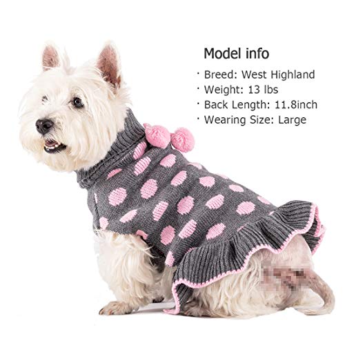 KYEESE Dog Sweaters with Leash Hole Small Turtleneck Dog Sweater Dress for Girl Polka Dot Knit Warm Pet Clothes with Pom Pom Ball - color: 02# Polkadot (Grey), size: X-Small (2-3lbs)