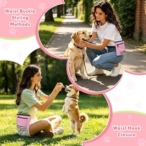 Dog Treat Pouch Magnetic Closure Reflective Webbing Training Bag with Adjustable Waist Belt Crossbody Strap Zippered Pocket, Pink Glitter Texture