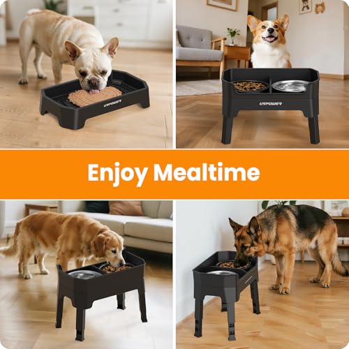 URPOWER 3-in-1 Elevated Dog Bowls - Mess Proof Double Deck 4 Height Adjustable Raised Stand with Stainless Steel Bowl & Slow Feeder & Licking Plate for Small, Medium & Large Dogs - color: Matte Black, size: Large