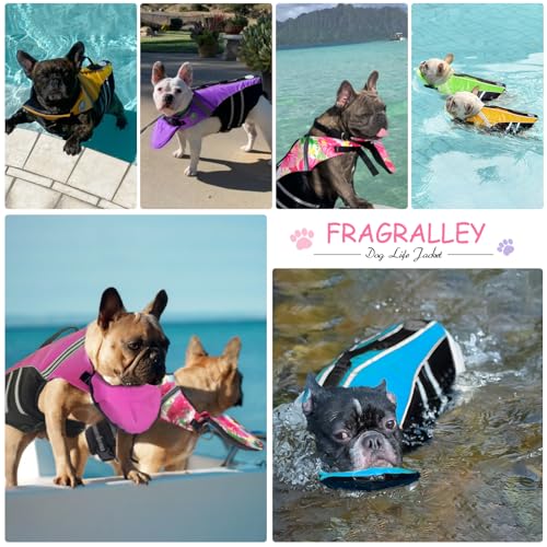 Dog Life Jacket, French Bulldog Life Vest for Swimming Boating, Dog Swim Vest with Chin Float and Rescue Handle, High Flotation Puppy Life Jackets (Chest Girth: 17" to 30", Weight: 17" to 28" LB) - color: Flower+Pink