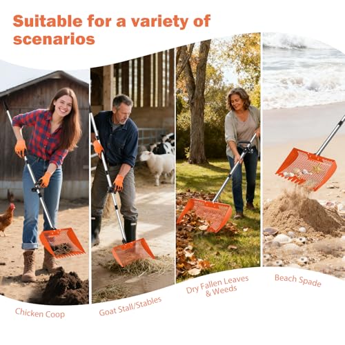 12inch Chicken Poop Scooper & Rake 2-in-1, Heavy Duty Metal Chicken Coop Scoop for Sand with Ergonomic Grip, Adjustable Angle Stainless Steel Chicken Coop Rake Sifting Shovel (37-64"),Orange - color: Orange