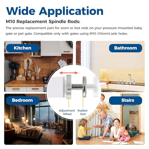 M10 Baby Gate Spindle Rods 4-Pack, Fits 10mm Holes Only, Not for M8, (10mm / 3/8") Extra Long 3.94" Replacement Parts for Pressure Mounted & Pet Safety Gates, White - color: White