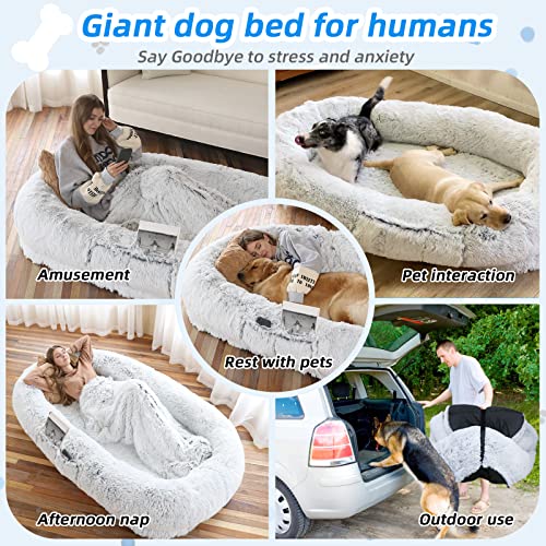 WROS Human Dog Bed - 71"x45"x12" Fits You & Pets, Washable Faux Fur, Orthopedic, Plump Pillow, Blanket, Strap - Grey - color: Grey