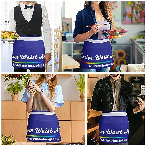 sophiehome Custom Waist Apron with Pockets Add Photo Logo Name Personalized Waiter Server Short Aprons for Kitchen - color: Blue