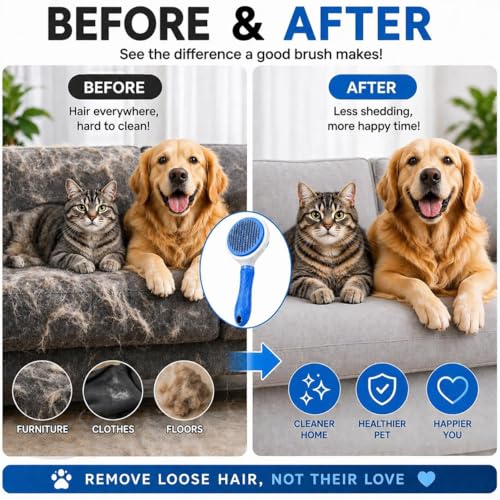 Pet Grooming Deshedding Brush, Self-Cleaning Massaging Brush for Dogs and Cats, Short and Long Hair (Blue) - color: Blue