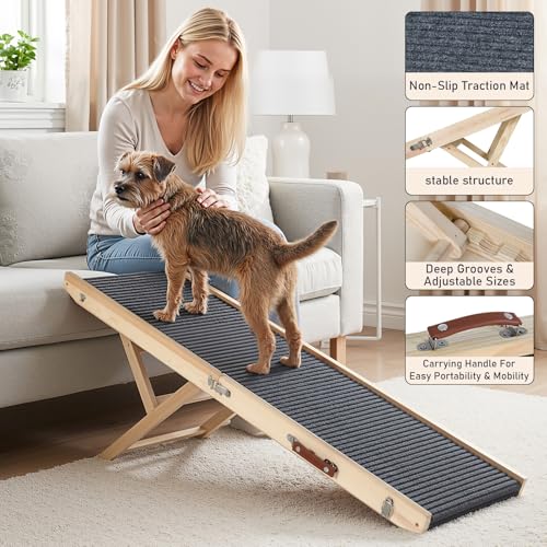 Wooden Dog Ramp for Couch High Bed, Non Slip Pet Ramps for Small Dogs and Cat with 4 Adjustable Height from 9.84'' to 17.91'', Portable 40'' Long Foldable Ramp for Dogs to Get on Bed Car - size: 100CM Long
