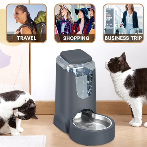 Automatic Cat Feeder and Water Dispenser with Stainless Steel Bowl Dog Gravity Food Feeder and Waterer for Small Medium Pets Puppy Kitten 1 Gallon x 2 - color: Charcoal gray(3.8L*2)