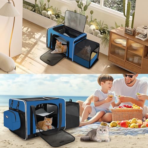 Petskd Side Expandable Extra Large Cat Carrier with Litter Box Area, 24"x17"x17" Soft-Sided Pet Carrier for 2 Cats Under 55 lbs with Zipper Locks for Car Travel(Prussian Blue) - color: Prussian Blue