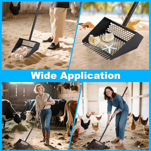 2-in-1 Coop Scoop(24" to 68"), Chicken Poop Scooper with Grip & Rake, Chicken Coop Accessories for Pet Waste Cleaning, Adjustable Stainless Steel Sand Sifting Litter Shovel for Chicken Coop