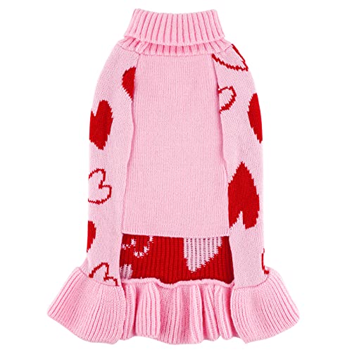 cyeollo Valentines Dog Sweater Dress, Warm Turtleneck Dog Sweaters for Small Dogs Girl, Soft Stretchy Heart Print Dogs Sweater, Comfy Pullover Knitted Pet Clothes Coat with Leash Hole, L - color: 1# Valentine's Sweater Dress, size: Large