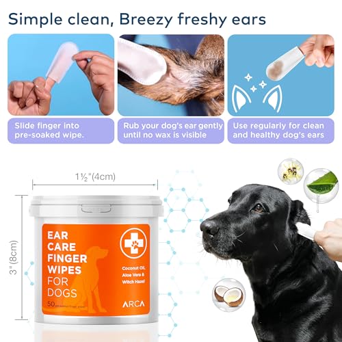 ARCA PET Dog Ear Cleaner Wipes - Vet Formulated Cleanser for Dogs - Ear Itching, Dissolves Wax, Dirt & Odor with Coconut Oil & Aloe Vera (50 Finger Wipes)